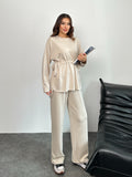 Bel Bağcıklı Dökümlü Üst ve Bol Paça Pantolonlu Oysho Takım 3002 - Bej