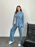 Bel Bağcıklı Dökümlü Üst ve Bol Paça Pantolonlu Oysho Takım 3002 - Mavi