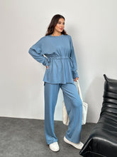 Bel Bağcıklı Dökümlü Üst ve Bol Paça Pantolonlu Oysho Takım 3002 - Mavi