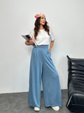Arka Beli Lastikli Pileli Detaylı Oysho Geniş Paça Palazzo Pantolon 8903 - İndigo
