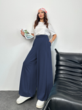 Arka Beli Lastikli Pileli Detaylı Oysho Geniş Paça Palazzo Pantolon 8903 - Lacivert