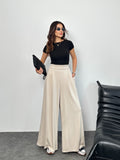 Arka Beli Lastikli Pileli Detaylı Oysho Geniş Paça Palazzo Pantolon 8903 - Bej
