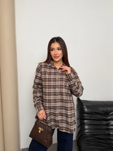 Kadın Ekose Desenli Oversize Gömlek 8968 - Kahve-Ekru