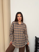 Kadın Ekose Desenli Oversize Gömlek 8968 - Vizon-Gri