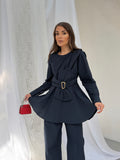 Kadın Gold Tokalı Fiyonk Detaylı Peplum Bluz Bol Paça Pantolonlu Takım 3152 - Lacivert