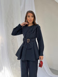 Kadın Gold Tokalı Fiyonk Detaylı Peplum Bluz Bol Paça Pantolonlu Takım 3152 - Lacivert