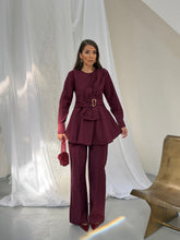 Kadın Gold Tokalı Fiyonk Detaylı Peplum Bluz Bol Paça Pantolonlu Takım 3152 - Bordo