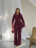 Kadın Gold Tokalı Fiyonk Detaylı Peplum Bluz Bol Paça Pantolonlu Takım 3152 - Bordo