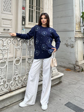 İnci Detaylı Organze Çiçek Yumuşak Dokulu Triko Kazak 2628 - Lacivert