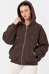 Kadın Fermuarlı Kapüşonlu Cepli Oversize Sweatshirt Hırka 27701 - Kahverengi