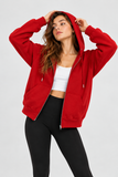 Kadın Fermuarlı Kapüşonlu Cepli Oversize Sweatshirt Hırka 27701 - Kırmızı