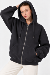 Kadın Fermuarlı Kapüşonlu Cepli Oversize Sweatshirt Hırka 27701 - Siyah