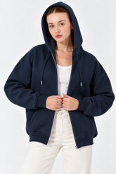 Kadın Fermuarlı Kapüşonlu Cepli Oversize Sweatshirt Hırka 27701 - Lacivert