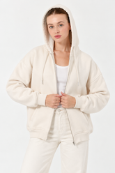 Kadın Fermuarlı Kapüşonlu Cepli Oversize Sweatshirt Hırka 27701 - Ekru