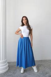Beli Lastikli Geniş Kesim Kloş Double Krep Pantolon Etek 5187 - Mavi