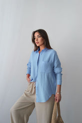 Yazlık Rahat Kesim Müslin Kumaş Uzun Kollu Gömlek 3833 - Mavi