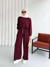 Sırtı Fermuar Detaylı Tunik ve Geniş Paça Pantolonlu Takım 8916 - Bordo