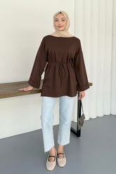 Kadın Bel Bağlamalı Kol Detaylı Tunik 8896 - Kahverengi