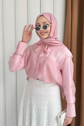 Kadın Bağlamalı Yaka Çift Cepli İnce Modal Kumaş Gömlek 9034 - Pembe