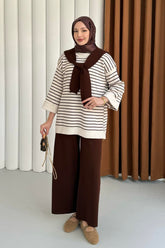 Çizgili Omuz Atkılı Tunik ve Pantolonlu Triko İkili Takım 4011 - Kahverengi