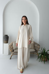 Yakası Düğmeli Kemerli Pantolonlu İkili Takım 5207 - Bej