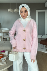 Kadın Gold Düğmeli Yumuşak Dokulu V Yaka Triko Hırka 2631 - Pembe