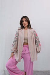 Bohem Tarzı Sırt ve Kol İşlemeli Oversize Hırka - Bej