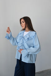 Fırfırlı Bağlama Detaylı Uzun Kollu Bluz 8834 - Mavi