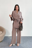 Bağlamalı Kimono Ceket ve Geniş Paça Pantolon İkili Takım 8026 - Vizon