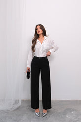 Yazlık Rahat Kesim Pileli Yüksek Bel Arkası Lastikli Palazzo Pantolon 4315 - Siyah