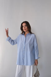 Trend Çizgili Desen Uzun Kollu Gömlek 5139 - Mavi Beyaz