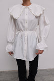 Büyük Yakalı İnci Detaylı Büzgülü Manşetli Oversize Gömlek D001 - Beyaz