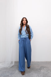 Yazlık Rahat Kesim Yüksek Bel İp Bağcıklı Bol Paça Salaş Pantolon 5188 - İndigo
