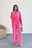 Büzgü Detaylı Gömlek ve Geniş Paça Pantolon İkili Takım 2504 - Pembe