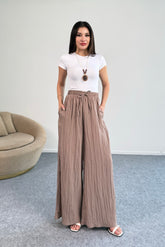 Kraşlı Beli Lastikli Modal Geniş Paça Palazzo Pantolon 8846 - Vizon