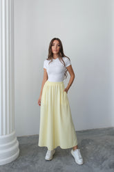 Beli Lastikli Geniş Kesim Kloş Double Krep Pantolon Etek 5187 - Sarı