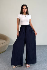 Kraşlı Beli Lastikli Modal Geniş Paça Palazzo Pantolon 8846 - Lacivert