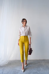 Yüksek Bel Düz Kesim Kruvaze Detaylı Kumaş Pantolon 4613 - Sarı