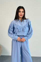 Fırfır Detaylı Uzun Kollu Gömlek ve Geniş Paça Pantolon İkili Takım 8021 - Mavi