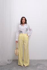 Yazlık Rahat Kesim Yüksek Bel Dökümlü Double Paça Pantolon 4318 - Sarı