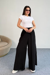 Kraşlı Beli Lastikli Modal Geniş Paça Palazzo Pantolon 8846 - Siyah