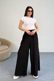Kraşlı Beli Lastikli Modal Geniş Paça Palazzo Pantolon 8846 - Siyah