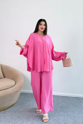 Dökümlü Kesim Taşlı Geniş Kollu Bluz ve Geniş Paça Pantolon İkili Takım 8838 - Pembe