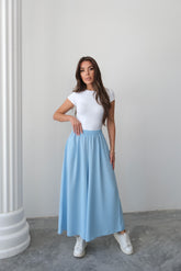 Beli Lastikli Geniş Kesim Kloş Double Krep Pantolon Etek 5187 - Buz Mavisi