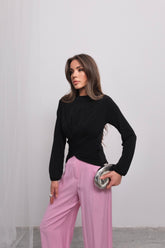 Wrap Detaylı Kruvaze Kesim Uzun Kollu Bluz 2000 - Siyah