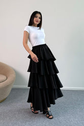 Hatun Atila Filamlı Keten Kumaş Fırfırlı Etek 5193 Siyah