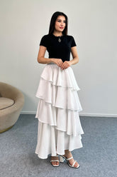 Hatun Atila Filamlı Keten Kumaş Fırfırlı Etek 5193 Beyaz