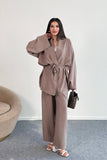 Bağlamalı Kimono Ceket ve Geniş Paça Pantolon İkili Takım 8026 - Vizon