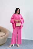 Dökümlü Kesim Taşlı Geniş Kollu Bluz ve Geniş Paça Pantolon İkili Takım 8838 - Pembe