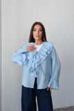 Fırfırlı Bağlama Detaylı Uzun Kollu Bluz 8834 - Mavi